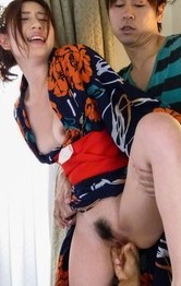 Kaori Maeda licks dongs and has hairy cunt fingered under kimono